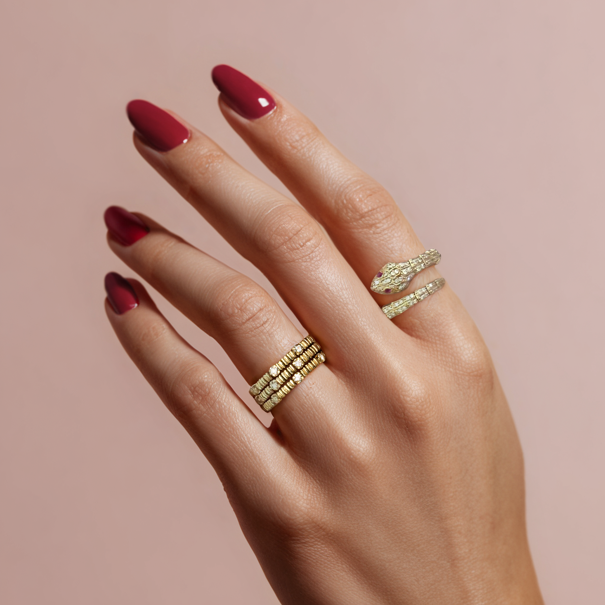 14k Three Row Fluted With Diamond Flex Ring