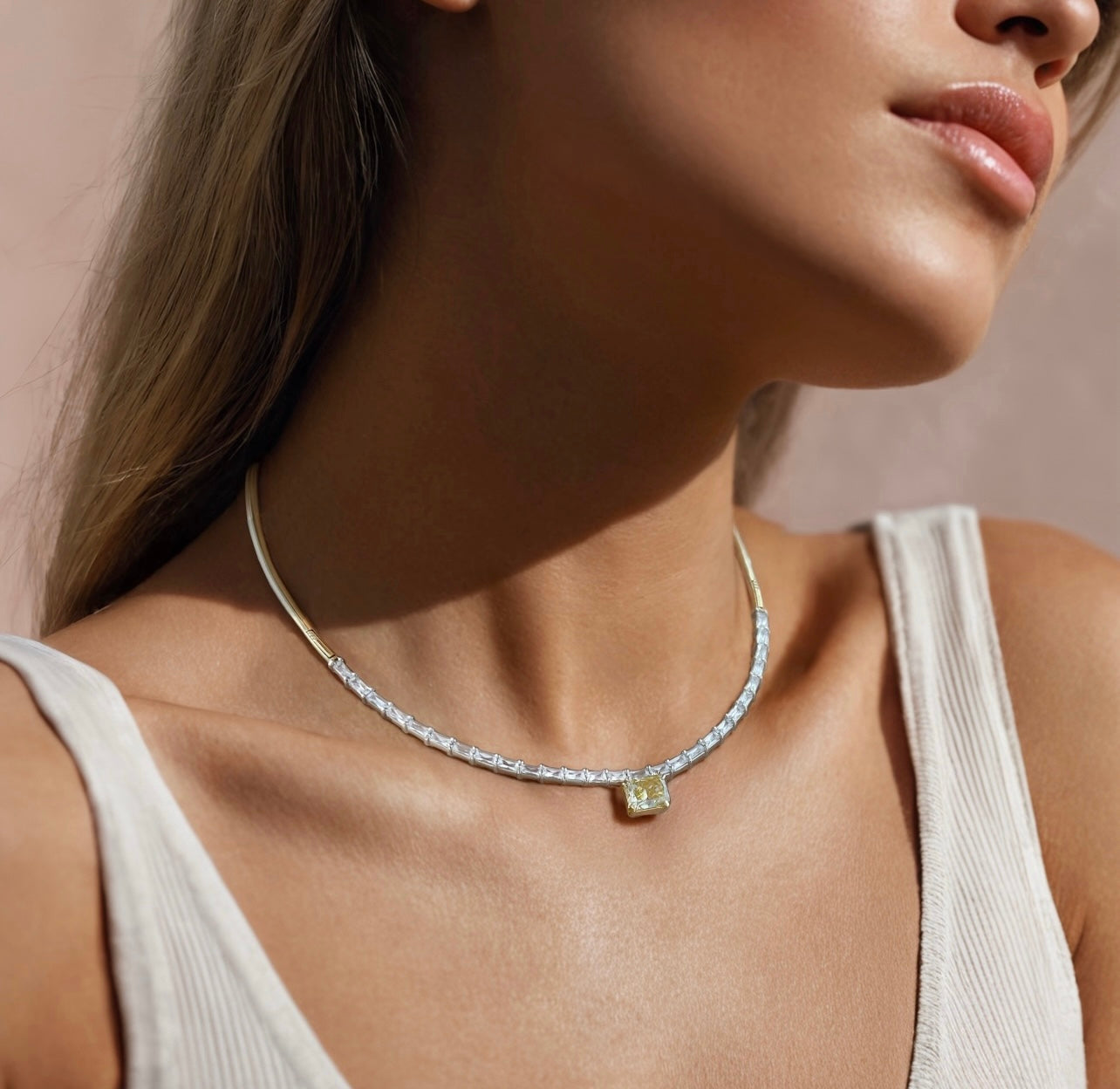 14K Half Axis and Baguette with Radiant Stone Necklace