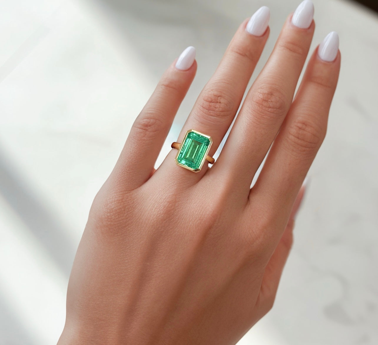14k Bezel Green Emerald Ring- In Stock