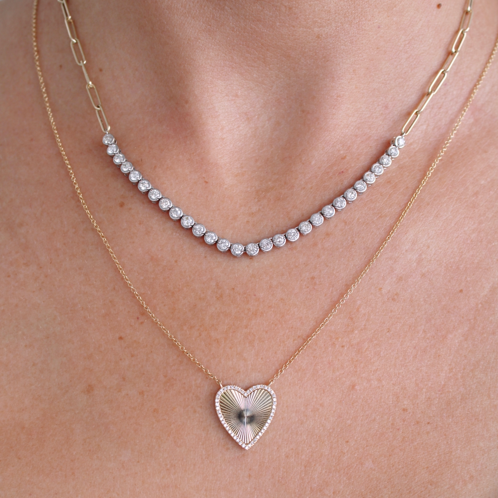 14k Pave Outline Fluted Heart Necklace